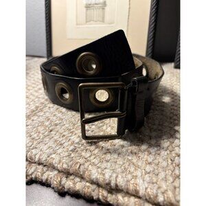 VTG FALL 2001 Open Silver Circle Funky PUNK Black Leather Belt SM/MED Up To 36”
